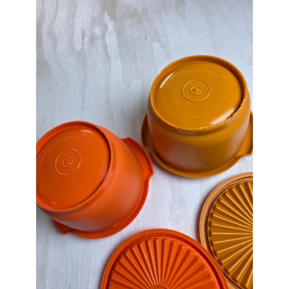 Vintage Tupperware Servalier Bowls 886 Orange Yellow Sunburst Lids 2pc Set 70s